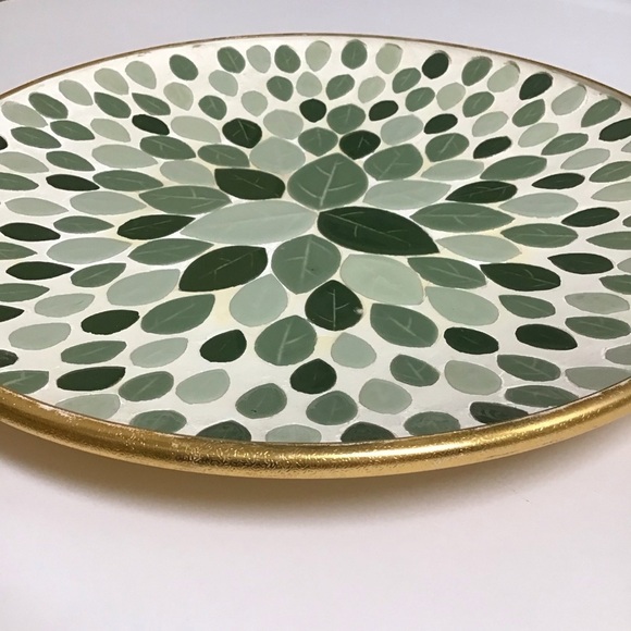 Mid Century Modern Mosaic Tile Round Plate 12” Console Green Leaves Art Vintage - Picture 13 of 16